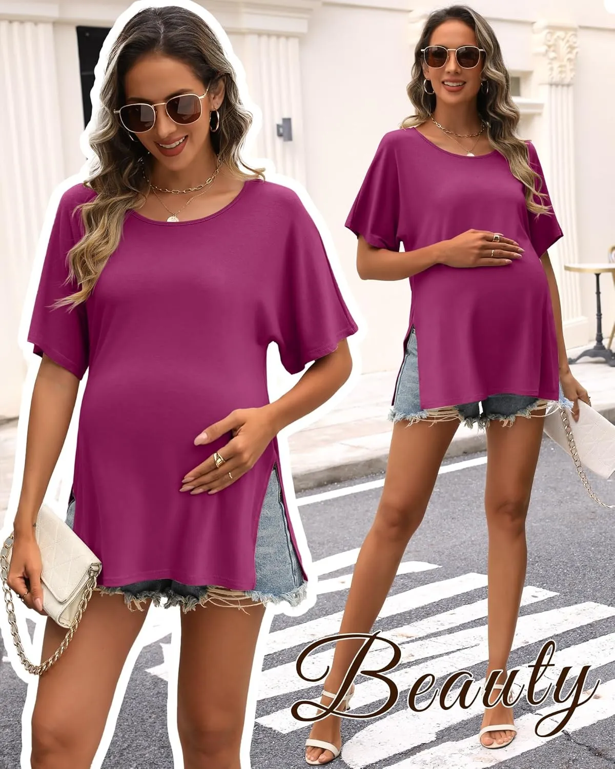 Riyiper 3 Pack Women's Maternity Shirts Cotton Summer Clothes Tunic Split Side Pregnancy Tops Round Neck Oversized Blouse