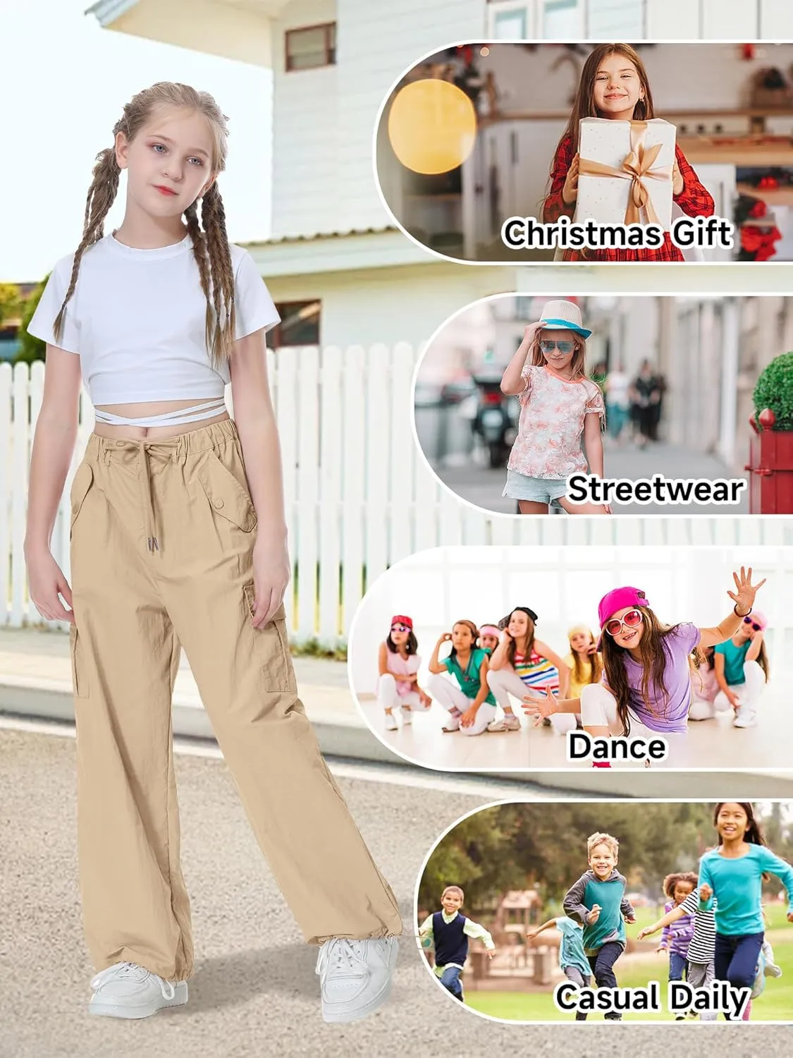 Rolanko Parachute Pants for Girls Y2K Cargo Trousers with Pockets Harajuku Jogger Pants Kids 4-14 Years