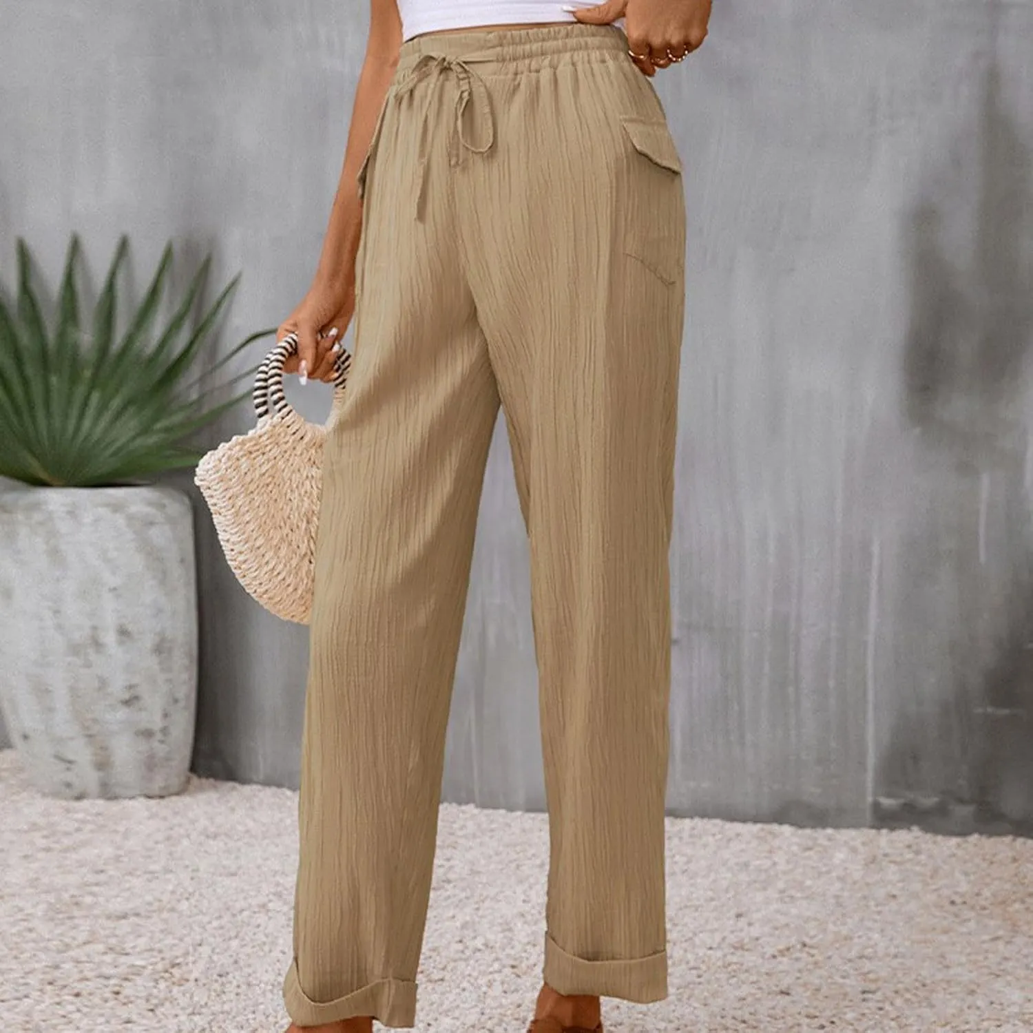 Ruched Long Pants for Women Casual Wide Leg Pants Drawstring Waist Loose Fit Trousers Straight Leg Leisure Solid Pant