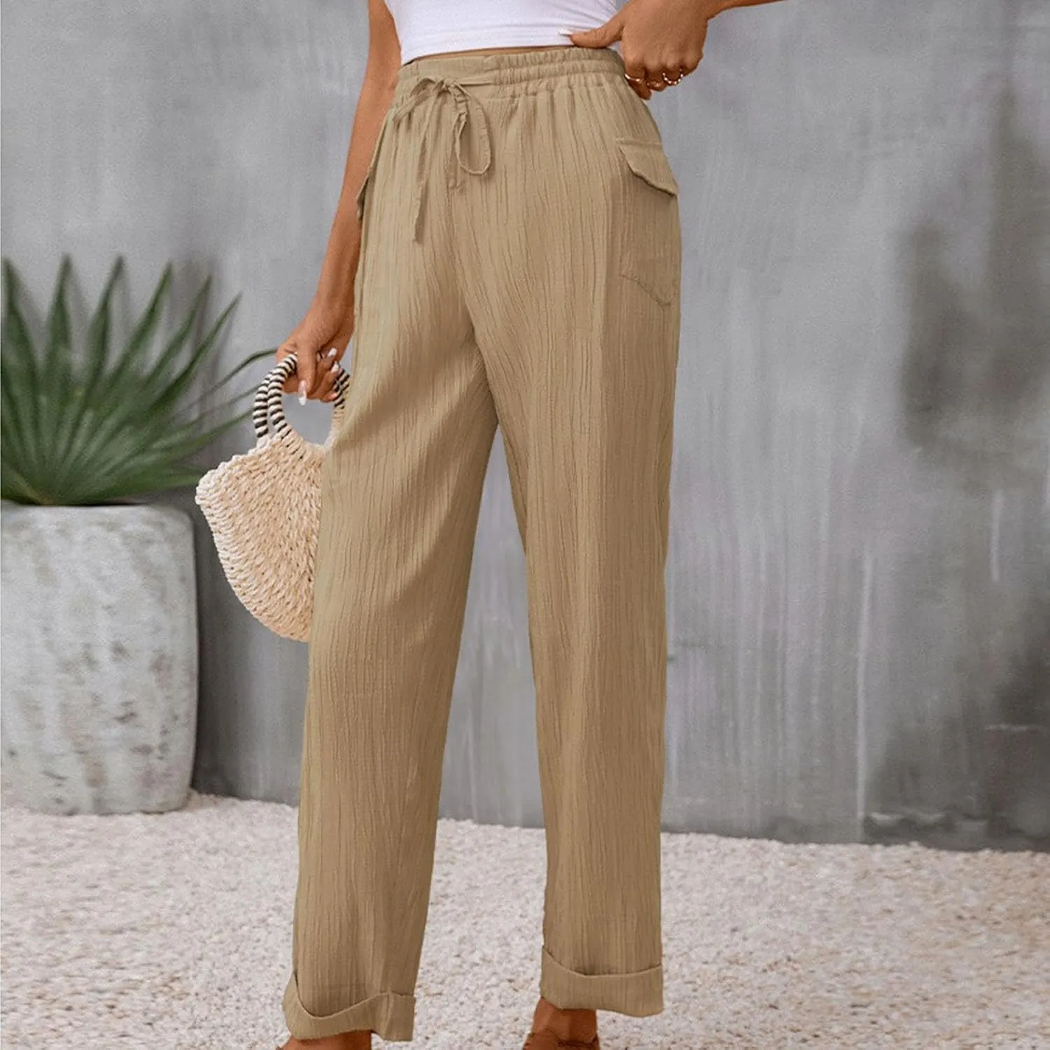 Ruched Long Pants for Women Casual Wide Leg Pants Drawstring Waist Loose Fit Trousers Straight Leg Leisure Solid Pant
