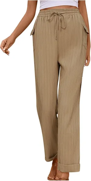 Ruched Long Pants for Women Casual Wide Leg Pants Drawstring Waist Loose Fit Trousers Straight Leg Leisure Solid Pant