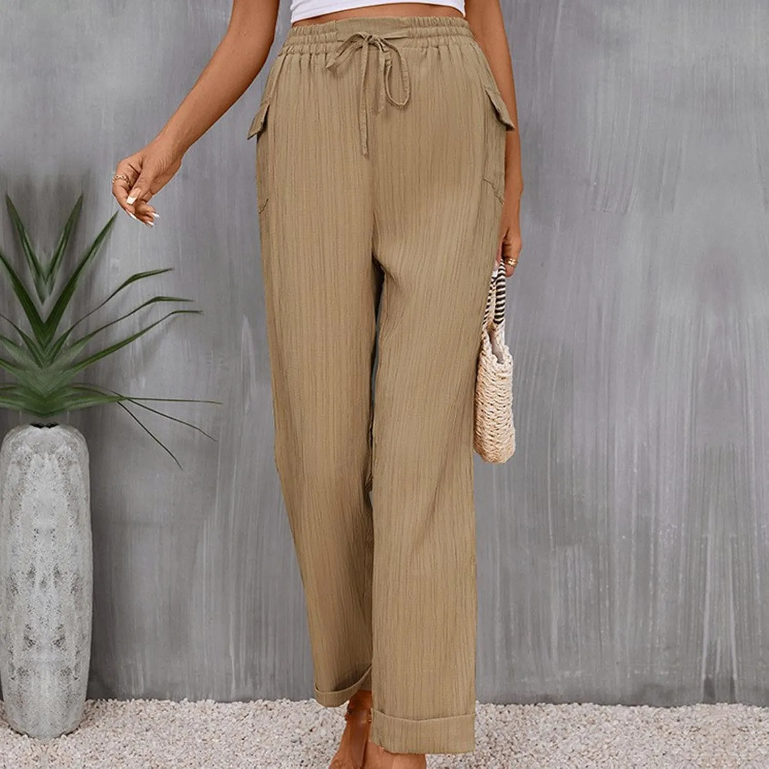 Ruched Long Pants for Women Casual Wide Leg Pants Drawstring Waist Loose Fit Trousers Straight Leg Leisure Solid Pant