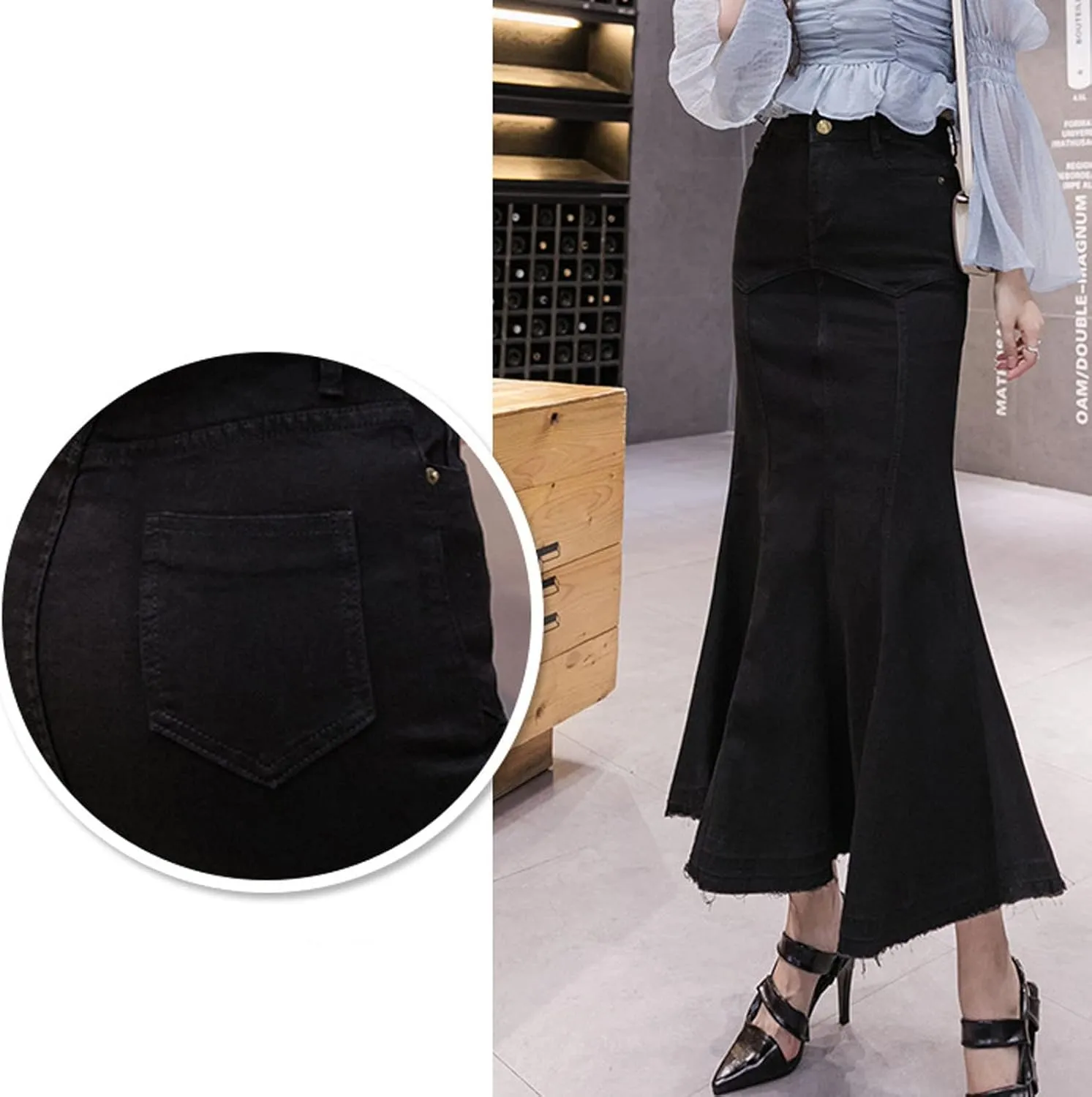 SERYU Women's Casual Stretch Waist Washed Denim Ruffle Fishtail Skirts Long Jean Skirt
