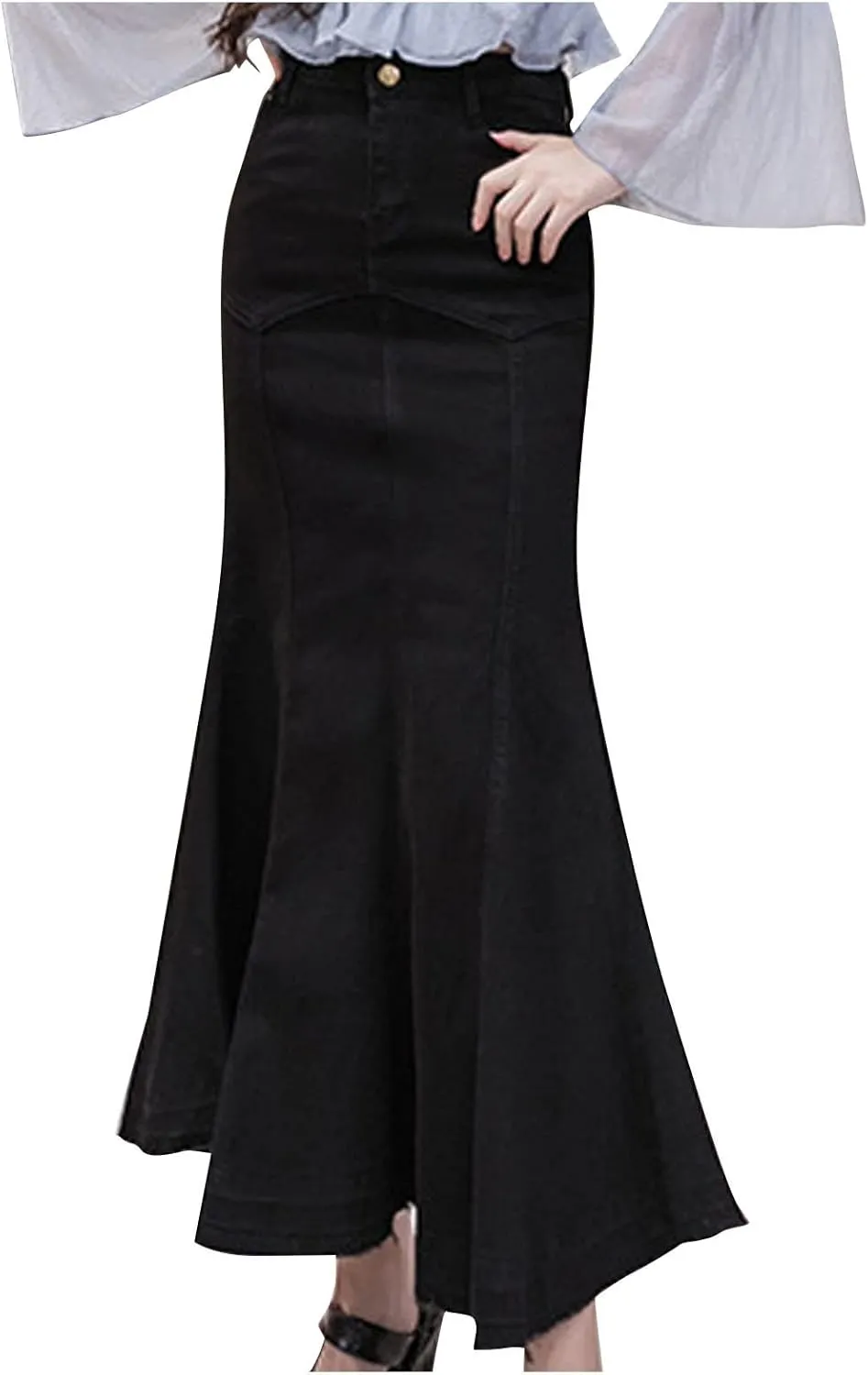 SERYU Women's Casual Stretch Waist Washed Denim Ruffle Fishtail Skirts Long Jean Skirt