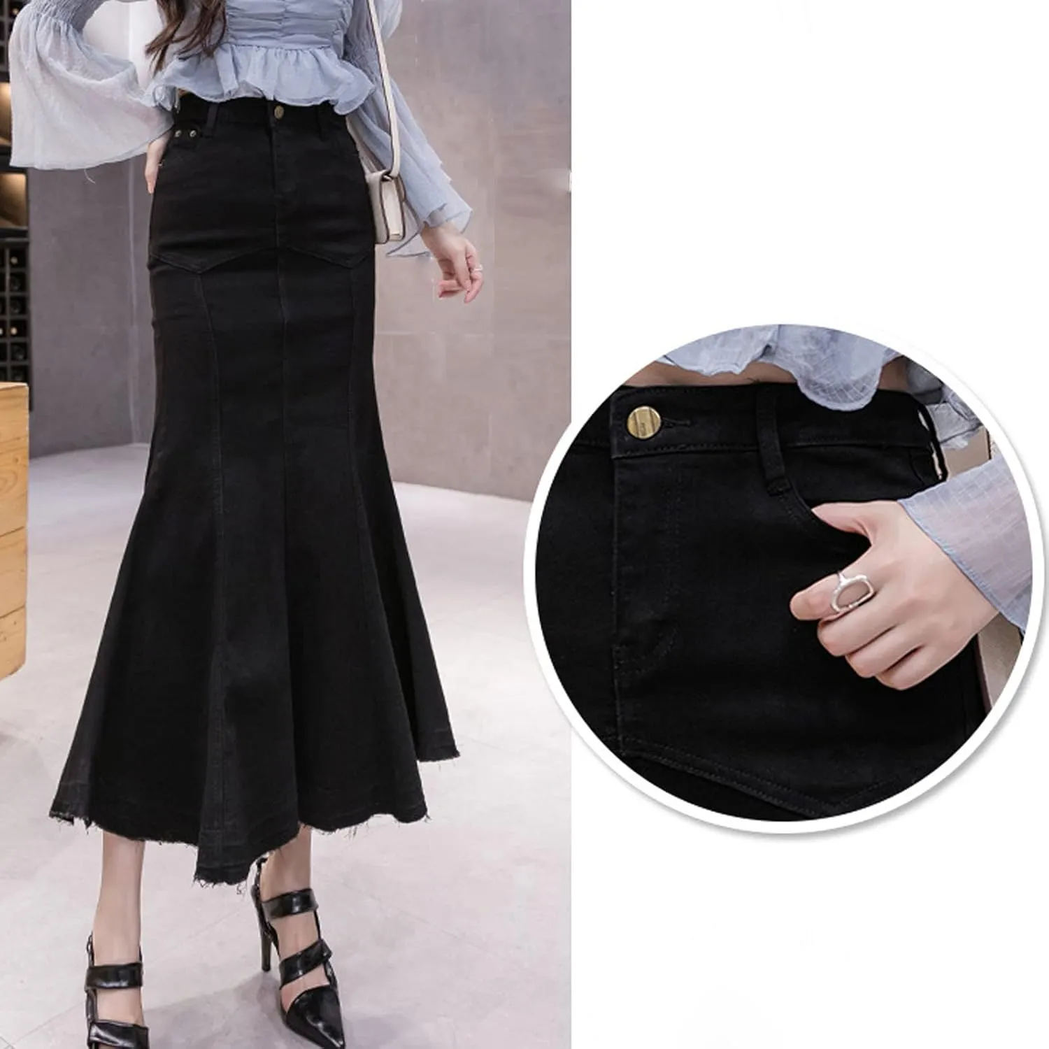 SERYU Women's Casual Stretch Waist Washed Denim Ruffle Fishtail Skirts Long Jean Skirt