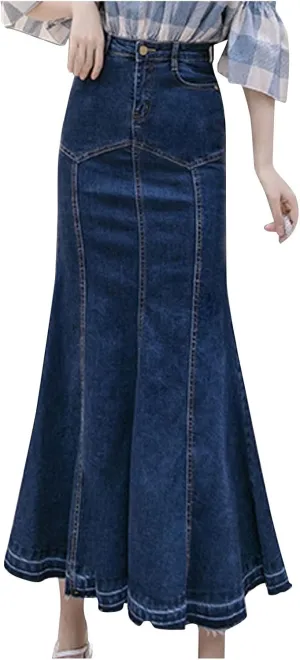 SERYU Women's Casual Stretch Waist Washed Denim Ruffle Fishtail Skirts Long Jean Skirt
