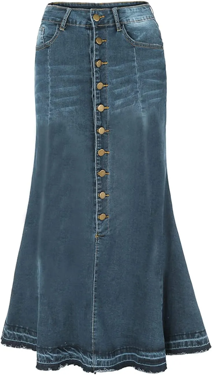 SERYU Women's Casual Stretch Waist Washed Denim Ruffle Fishtail Skirts Long Jean Skirt