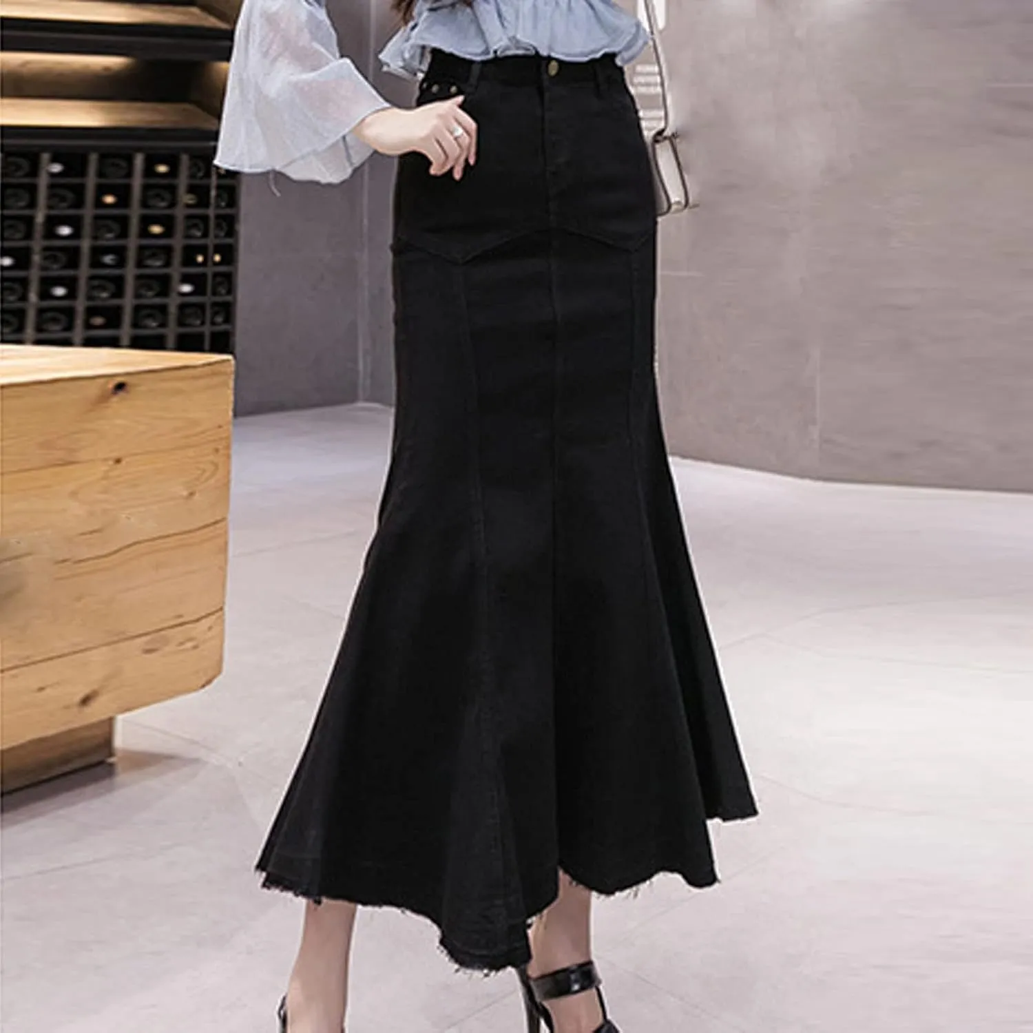 SERYU Women's Casual Stretch Waist Washed Denim Ruffle Fishtail Skirts Long Jean Skirt