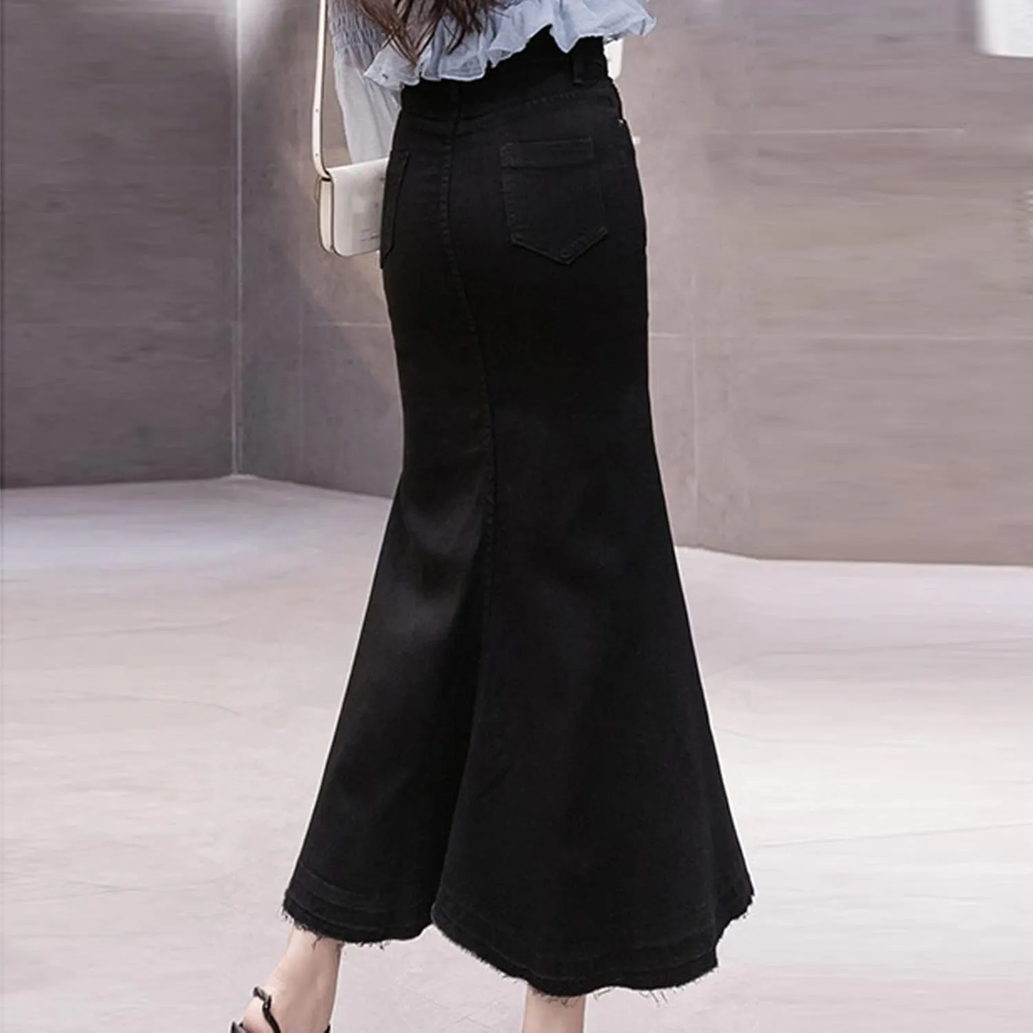 SERYU Women's Casual Stretch Waist Washed Denim Ruffle Fishtail Skirts Long Jean Skirt