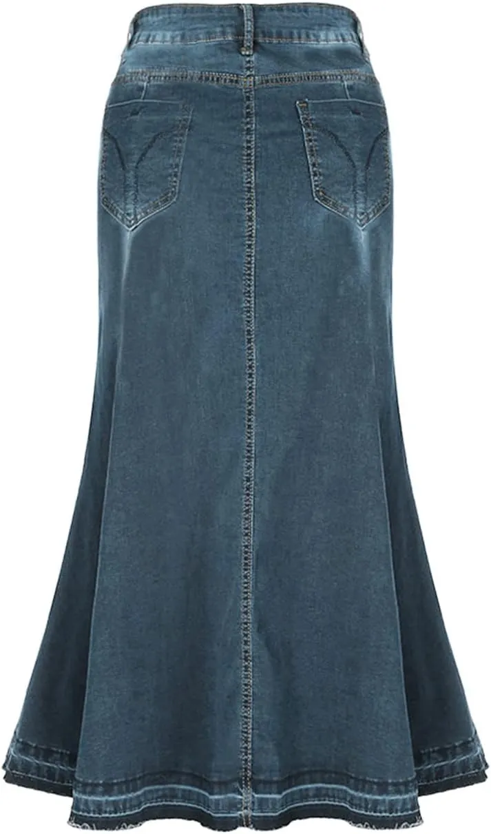 SERYU Women's Casual Stretch Waist Washed Denim Ruffle Fishtail Skirts Long Jean Skirt