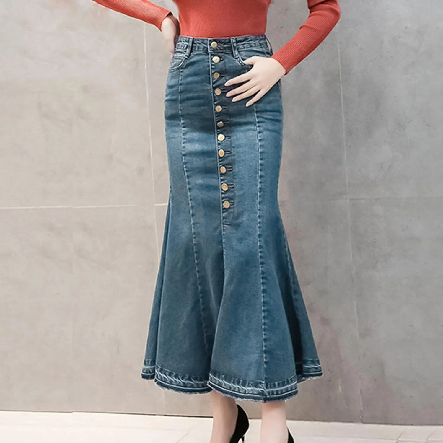 SERYU Women's Casual Stretch Waist Washed Denim Ruffle Fishtail Skirts Long Jean Skirt