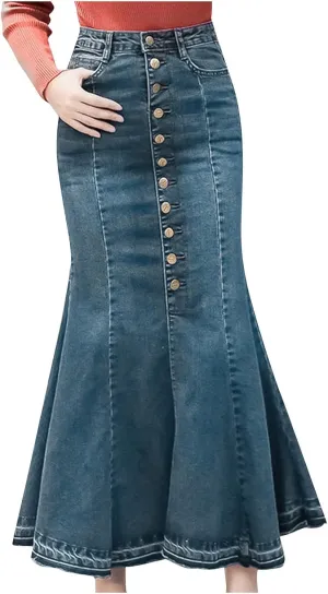 SERYU Women's Casual Stretch Waist Washed Denim Ruffle Fishtail Skirts Long Jean Skirt