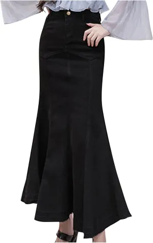 SERYU Women's Casual Stretch Waist Washed Denim Ruffle Fishtail Skirts Long Jean Skirt