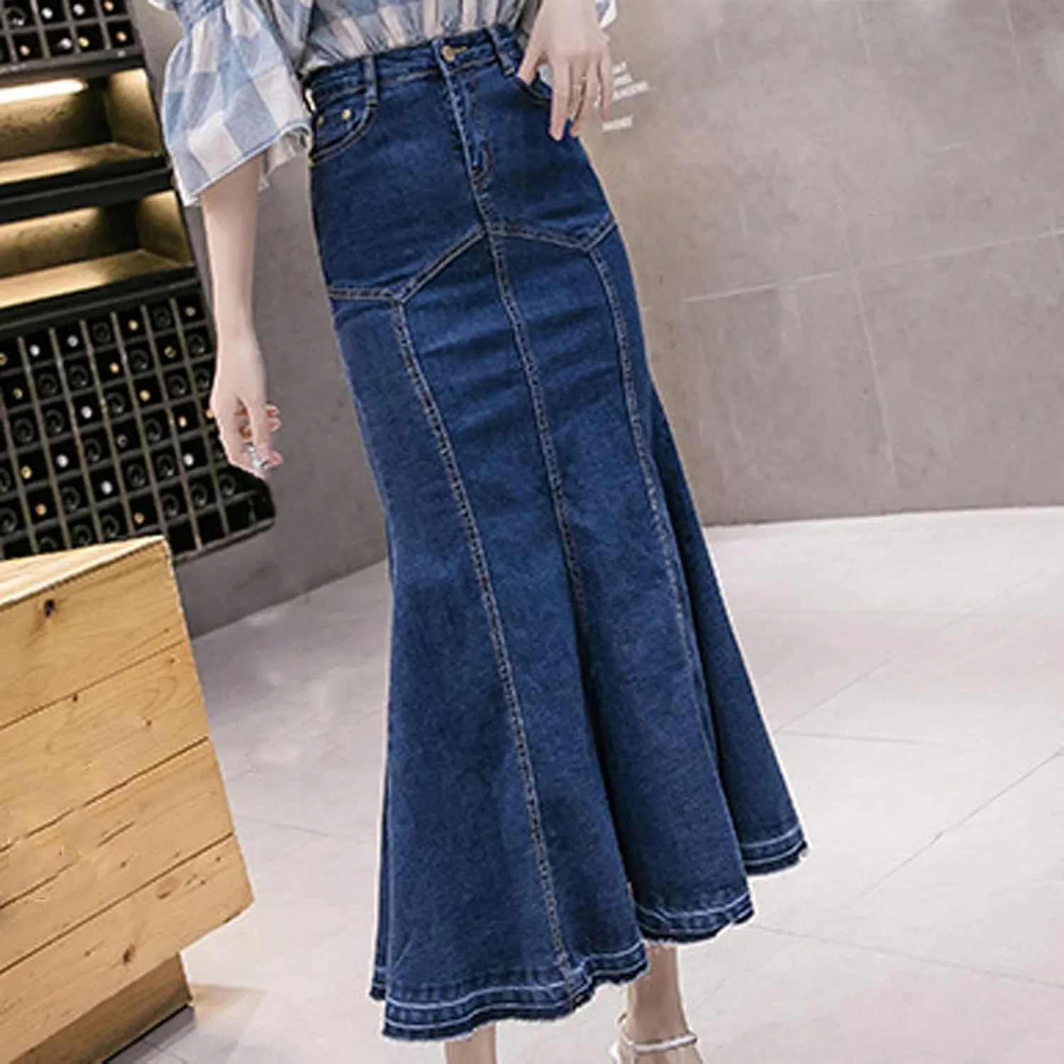 SERYU Women's Casual Stretch Waist Washed Denim Ruffle Fishtail Skirts Long Jean Skirt