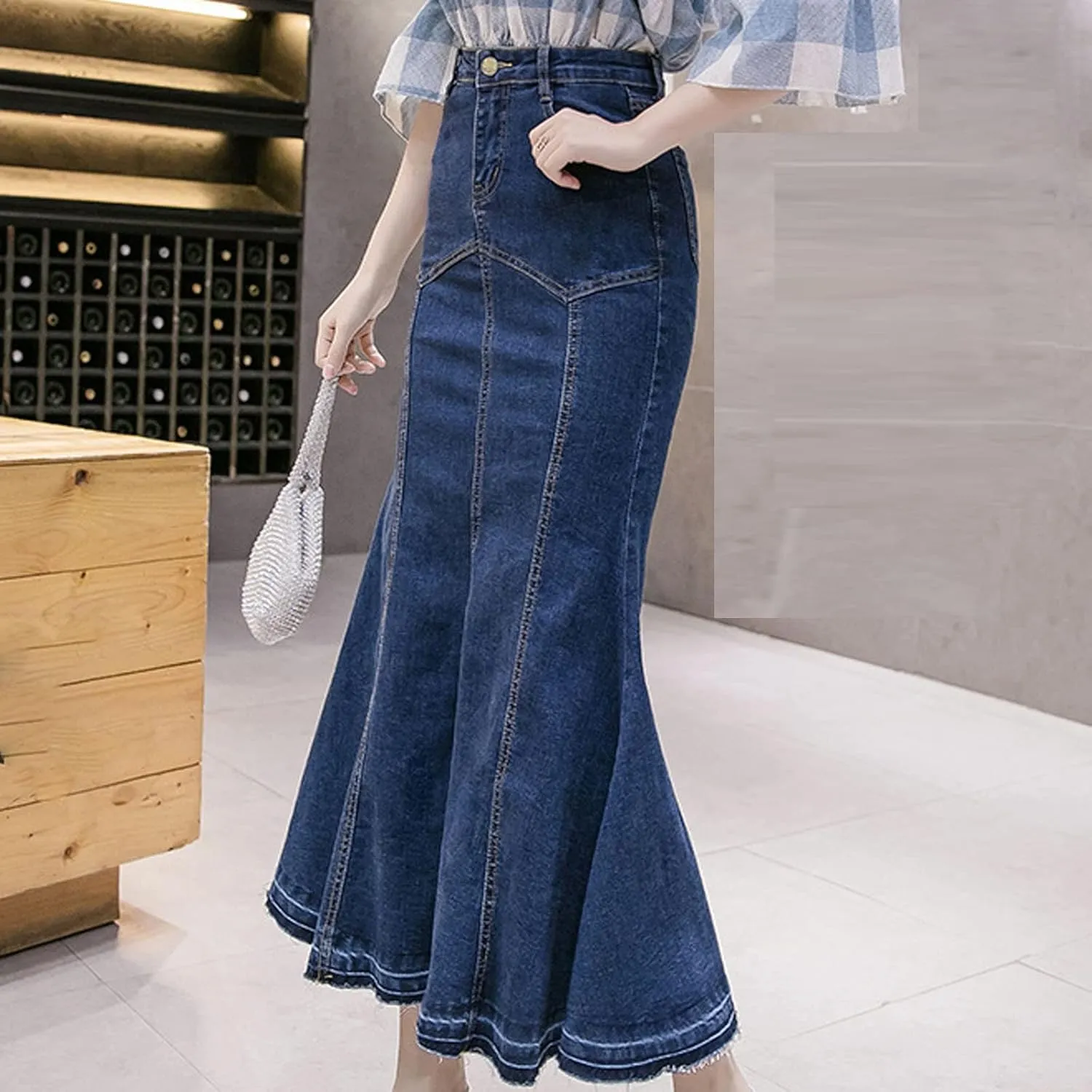 SERYU Women's Casual Stretch Waist Washed Denim Ruffle Fishtail Skirts Long Jean Skirt