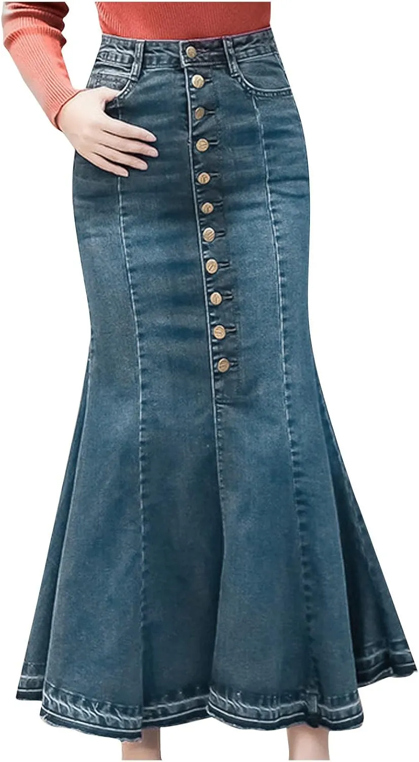SERYU Women's Casual Stretch Waist Washed Denim Ruffle Fishtail Skirts Long Jean Skirt