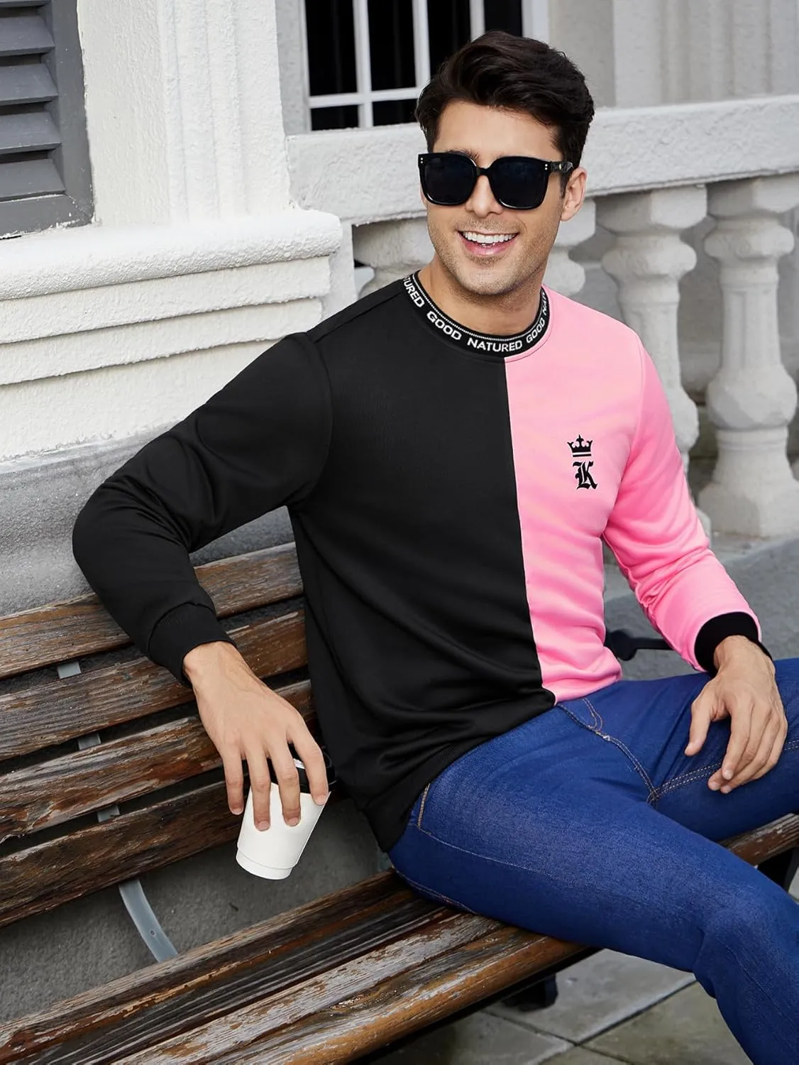 SOLY HUX Men's Sweatshirt Color Block Letter Graphic Long Sleeve Crewneck Pullover Tops