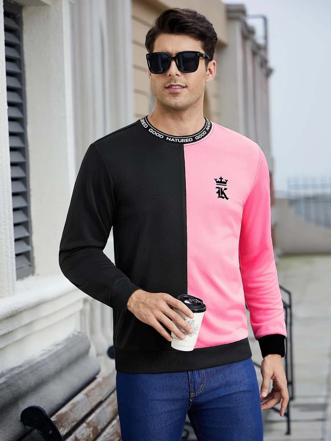 SOLY HUX Men's Sweatshirt Color Block Letter Graphic Long Sleeve Crewneck Pullover Tops