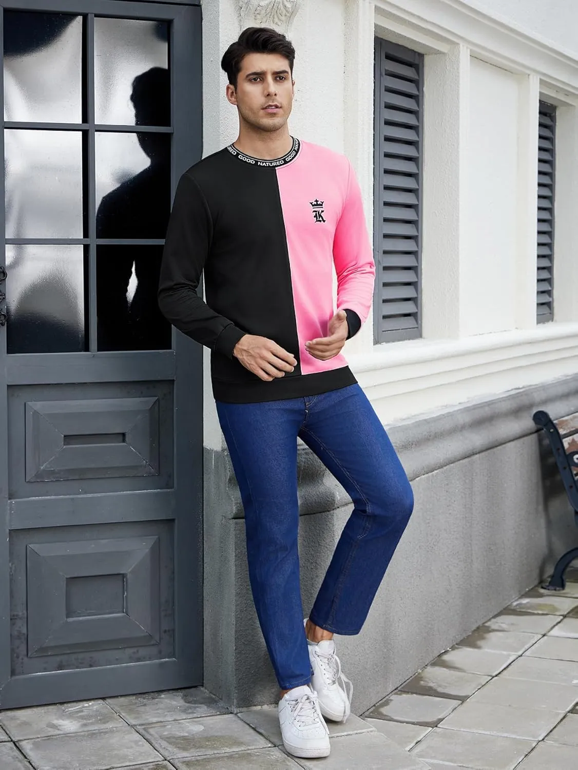 SOLY HUX Men's Sweatshirt Color Block Letter Graphic Long Sleeve Crewneck Pullover Tops