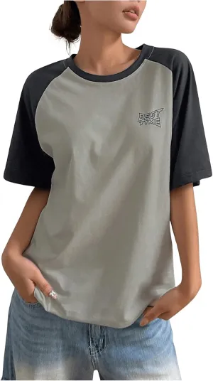 SOLY HUX Women's Color Block Letter Print Graphic Tees Short Sleeve Oversized T Shirt Tops