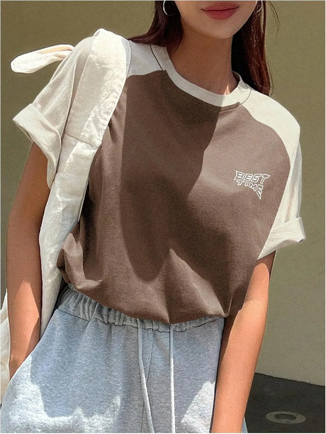 SOLY HUX Women's Color Block Letter Print Graphic Tees Short Sleeve Oversized T Shirt Tops