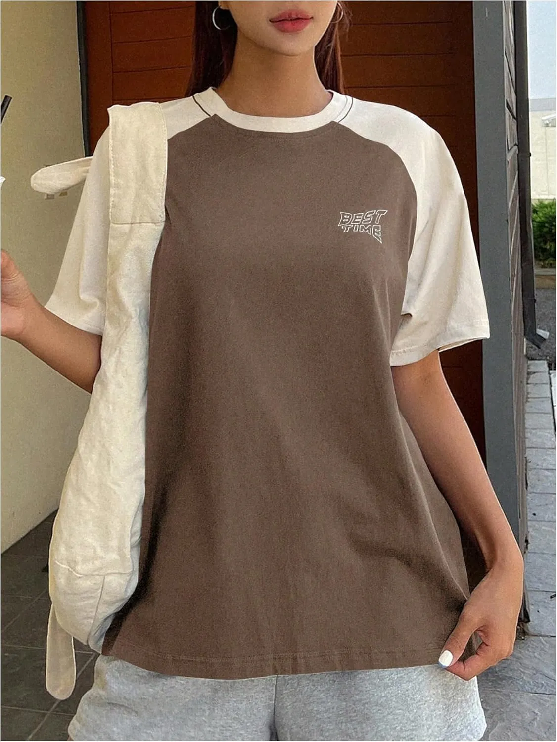SOLY HUX Women's Color Block Letter Print Graphic Tees Short Sleeve Oversized T Shirt Tops