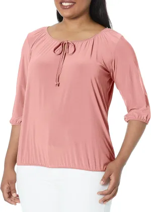 Star Vixen Women's 3/4 Sleeve, Front Tie Peasant Top, Mauve, Petite/Large