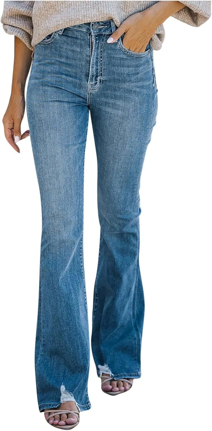 Stretchy Jeans for Women High Waist Button Micro Flare Jeans Pants Slim Fit Straight Leg Bootcut Flare Denim Trousers