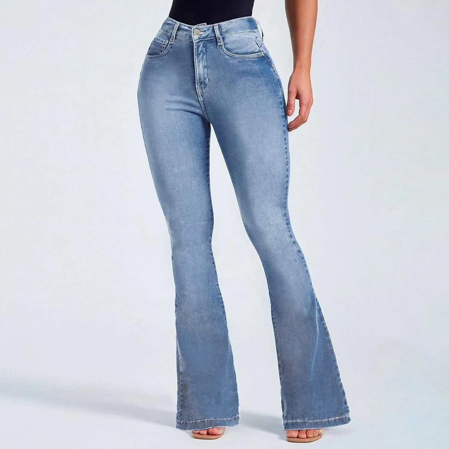 Stretchy Jeans for Women High Waist Button Micro Flare Jeans Pants Slim Fit Straight Leg Bootcut Flare Denim Trousers