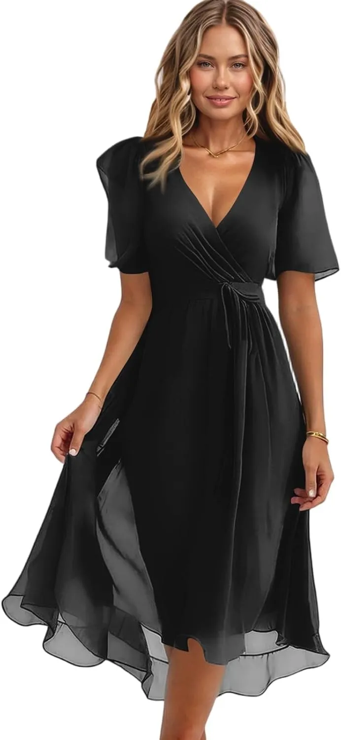 Summer Dresses for Women 2025 Boho Floral Printed Chiffon Dresses V Neck Belted Wedding Guest Dress Prom Midi Dresses