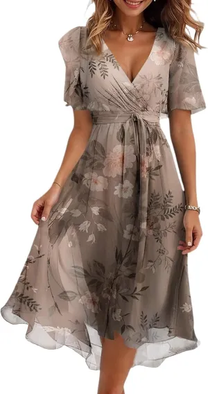 Summer Dresses for Women 2025 Boho Floral Printed Chiffon Dresses V Neck Belted Wedding Guest Dress Prom Midi Dresses