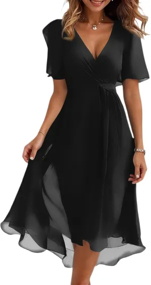 Summer Dresses for Women 2025 Boho Floral Printed Chiffon Dresses V Neck Belted Wedding Guest Dress Prom Midi Dresses