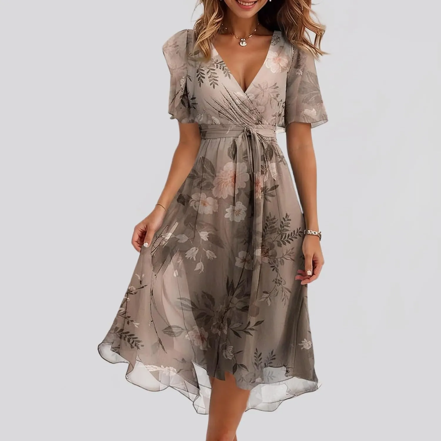 Summer Dresses for Women 2025 Boho Floral Printed Chiffon Dresses V Neck Belted Wedding Guest Dress Prom Midi Dresses