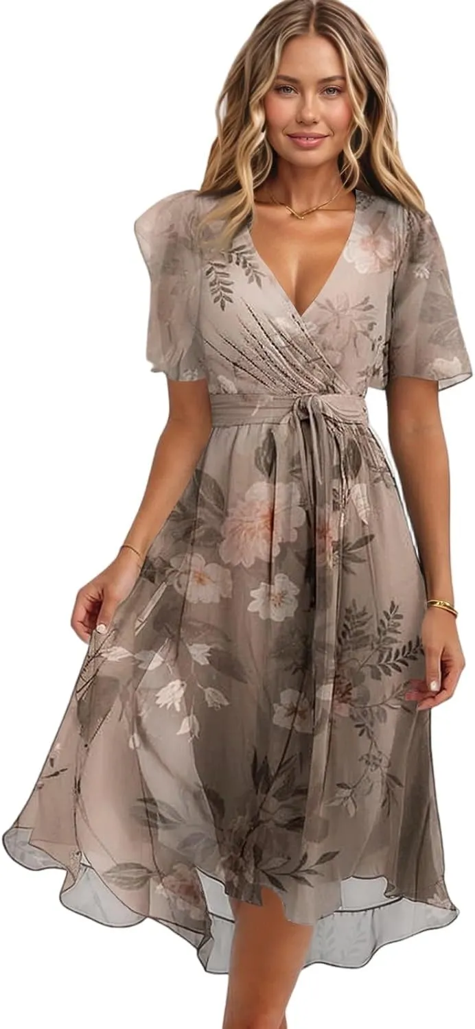 Summer Dresses for Women 2025 Boho Floral Printed Chiffon Dresses V Neck Belted Wedding Guest Dress Prom Midi Dresses