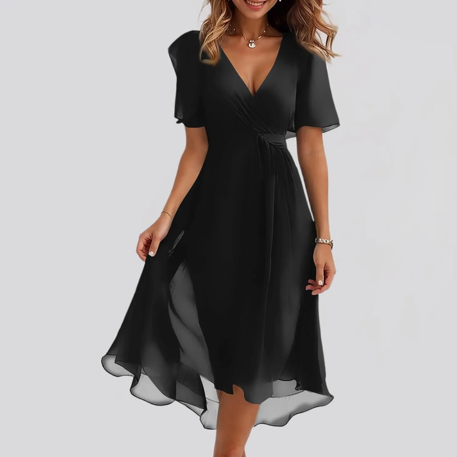 Summer Dresses for Women 2025 Boho Floral Printed Chiffon Dresses V Neck Belted Wedding Guest Dress Prom Midi Dresses