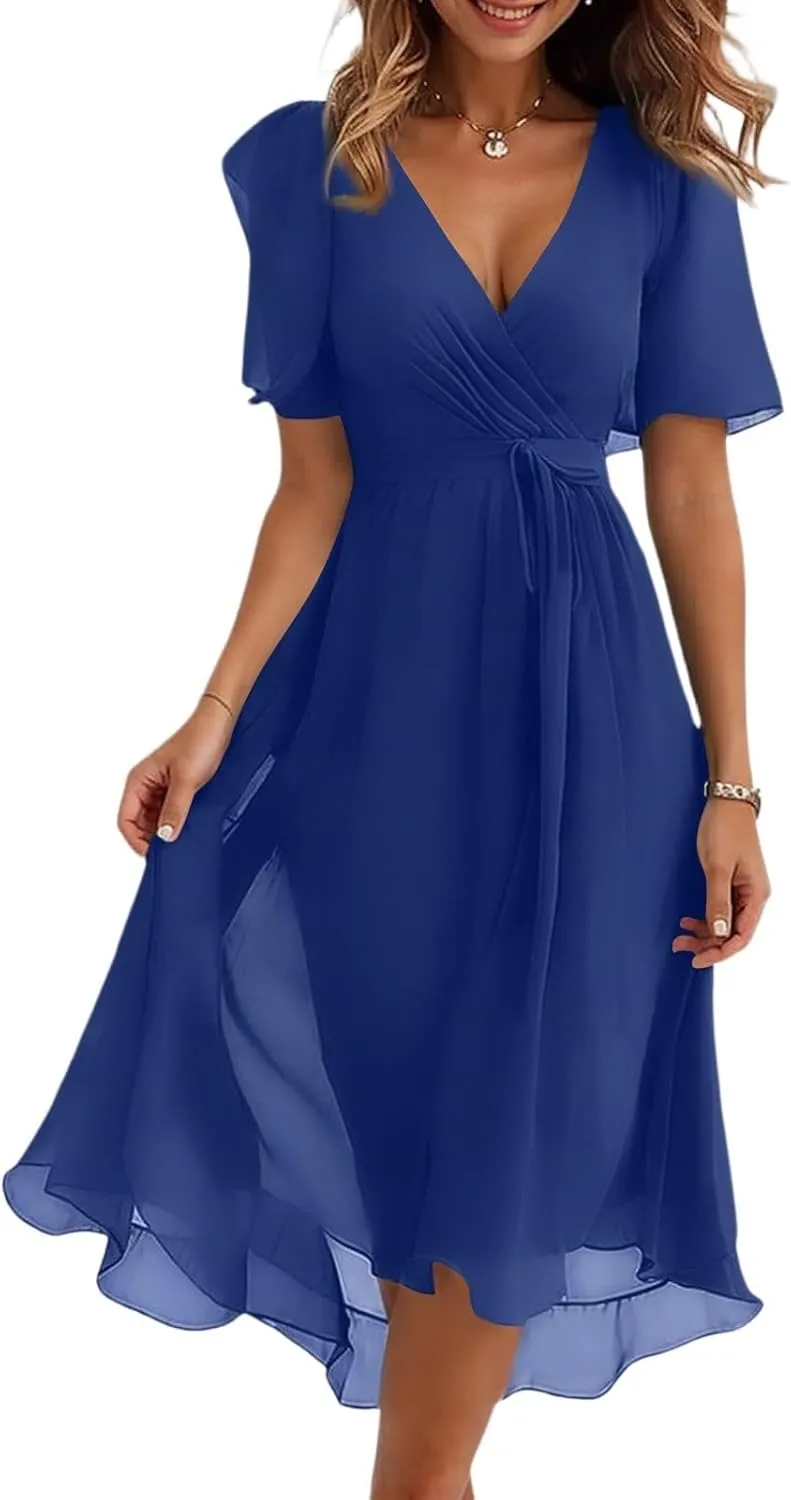 Summer Dresses for Women 2025 Boho Floral Printed Chiffon Dresses V Neck Belted Wedding Guest Dress Prom Midi Dresses
