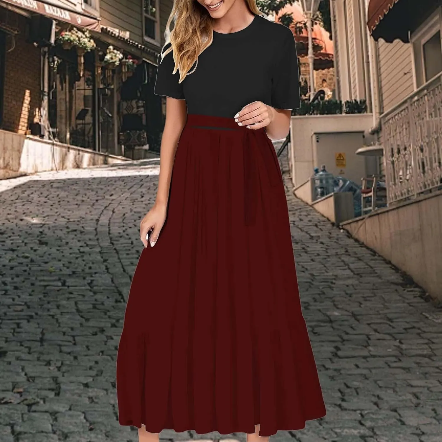 Summer Dresses for Women 2025 Floral Print Wrap Short Bell Sleeve Patchwork Three Layer Ruffle Hem A Line Maxi Dress