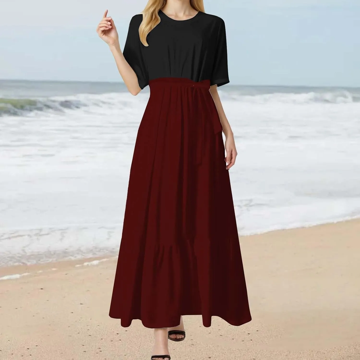 Summer Dresses for Women 2025 Floral Print Wrap Short Bell Sleeve Patchwork Three Layer Ruffle Hem A Line Maxi Dress