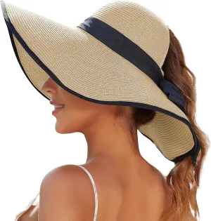 Sun Hats for Women with Ponytail Hole, Wide Brim Beach Hats for Women, Floppy Straw Hat Foldable, Packable Summer Hats Women