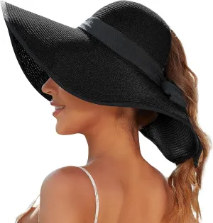Sun Hats for Women with Ponytail Hole, Wide Brim Beach Hats for Women, Floppy Straw Hat Foldable, Packable Summer Hats Women