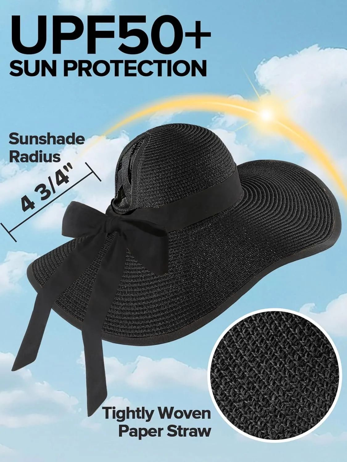 Sun Hats for Women with Ponytail Hole, Wide Brim Beach Hats for Women, Floppy Straw Hat Foldable, Packable Summer Hats Women