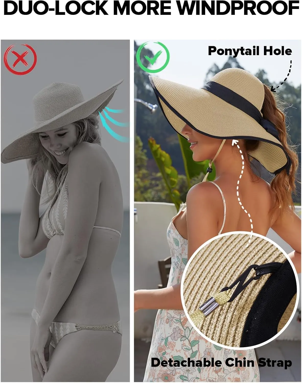 Sun Hats for Women with Ponytail Hole, Wide Brim Beach Hats for Women, Floppy Straw Hat Foldable, Packable Summer Hats Women