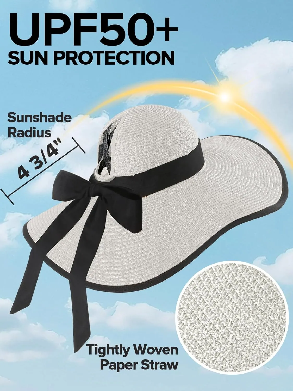 Sun Hats for Women with Ponytail Hole, Wide Brim Beach Hats for Women, Floppy Straw Hat Foldable, Packable Summer Hats Women
