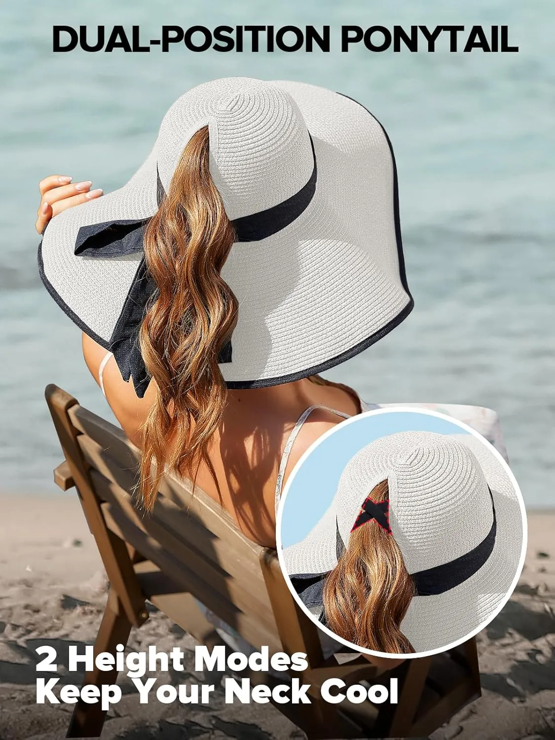Sun Hats for Women with Ponytail Hole, Wide Brim Beach Hats for Women, Floppy Straw Hat Foldable, Packable Summer Hats Women