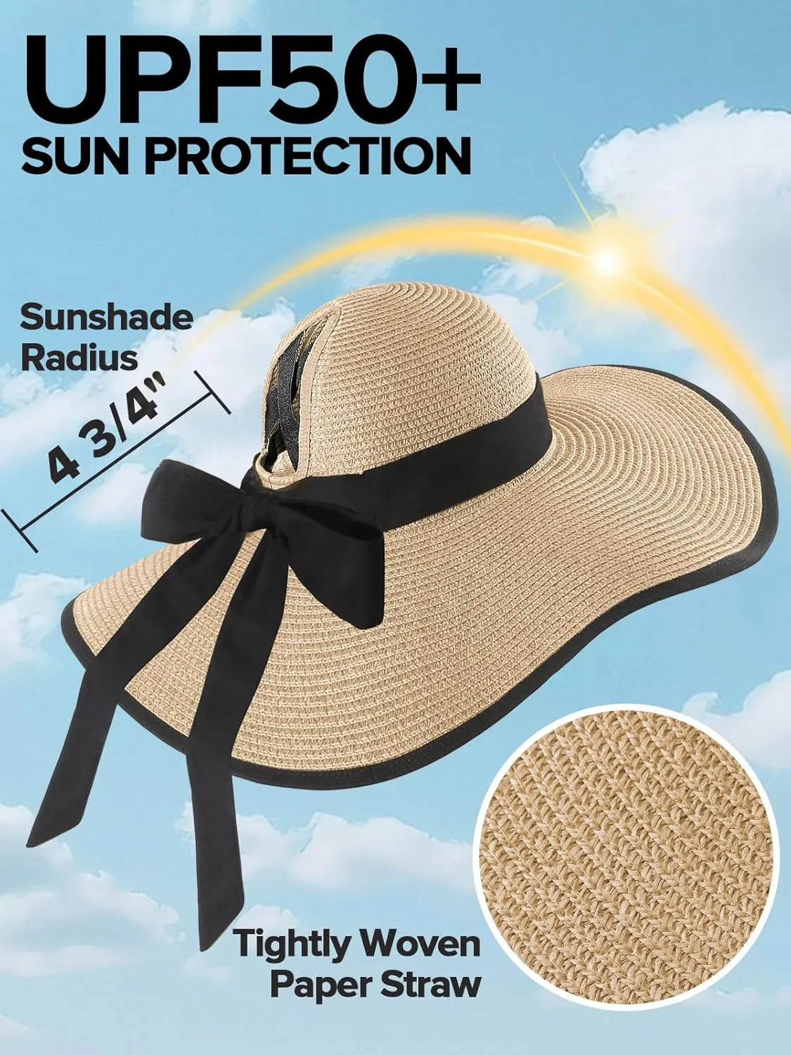 Sun Hats for Women with Ponytail Hole, Wide Brim Beach Hats for Women, Floppy Straw Hat Foldable, Packable Summer Hats Women