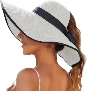 Sun Hats for Women with Ponytail Hole, Wide Brim Beach Hats for Women, Floppy Straw Hat Foldable, Packable Summer Hats Women