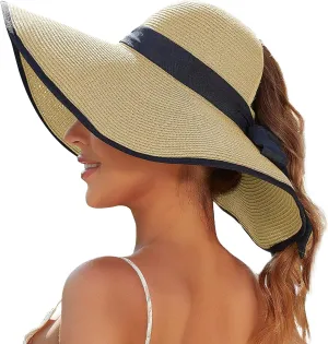Sun Hats for Women with Ponytail Hole, Wide Brim Beach Hats for Women, Floppy Straw Hat Foldable, Packable Summer Hats Women