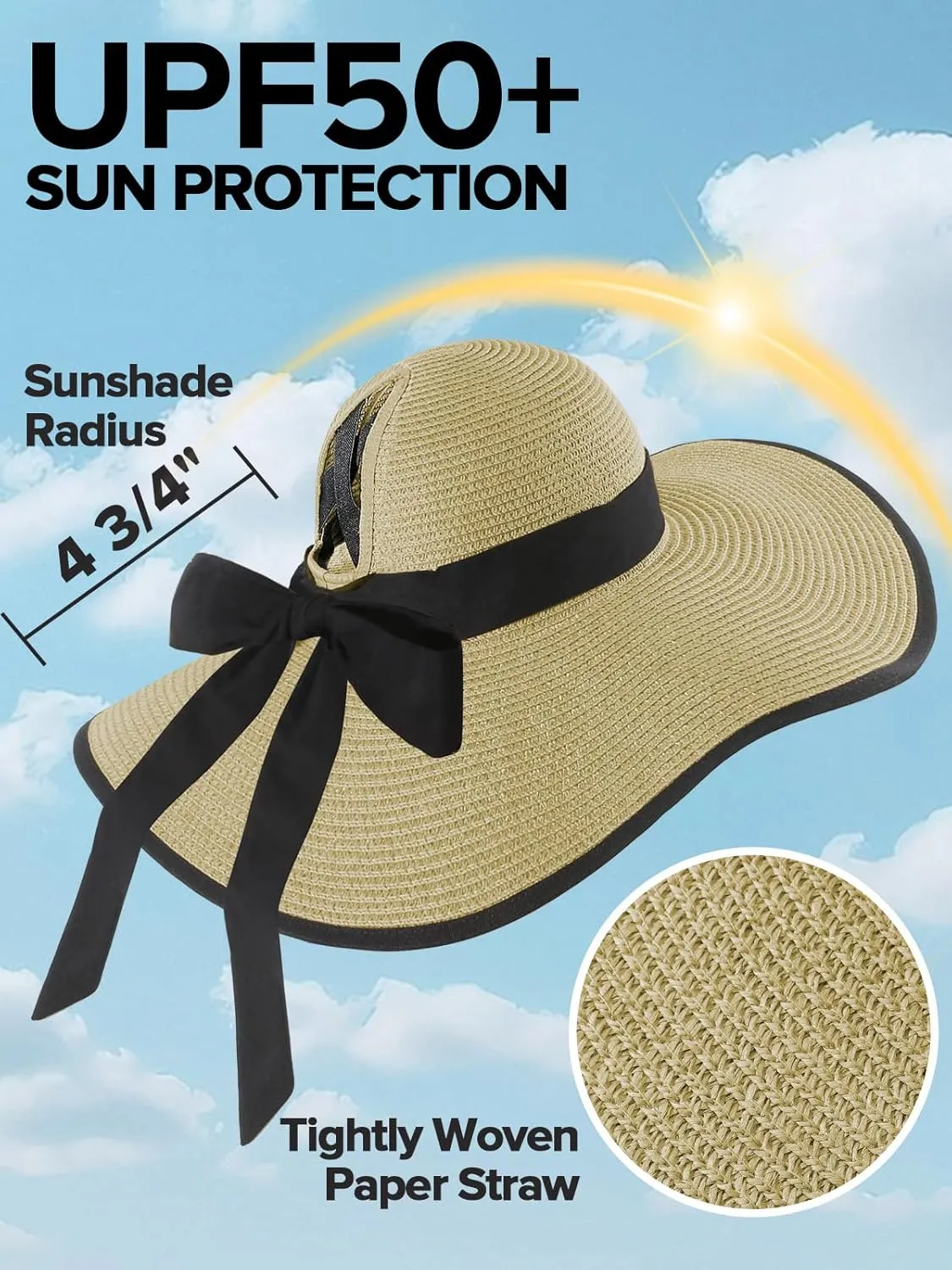 Sun Hats for Women with Ponytail Hole, Wide Brim Beach Hats for Women, Floppy Straw Hat Foldable, Packable Summer Hats Women
