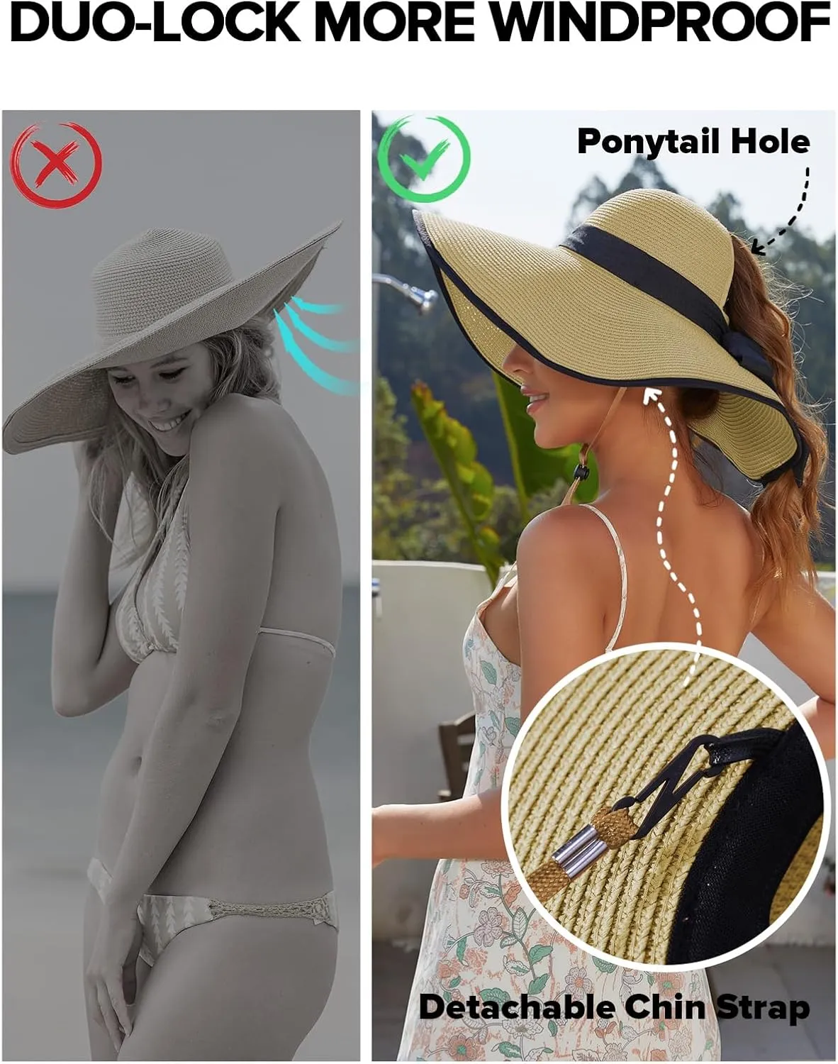 Sun Hats for Women with Ponytail Hole, Wide Brim Beach Hats for Women, Floppy Straw Hat Foldable, Packable Summer Hats Women