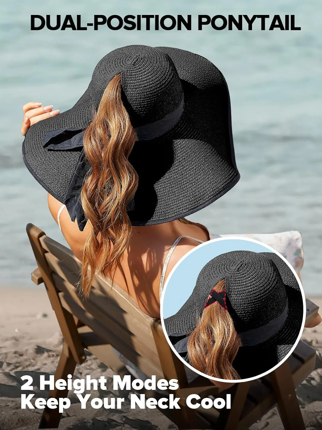 Sun Hats for Women with Ponytail Hole, Wide Brim Beach Hats for Women, Floppy Straw Hat Foldable, Packable Summer Hats Women